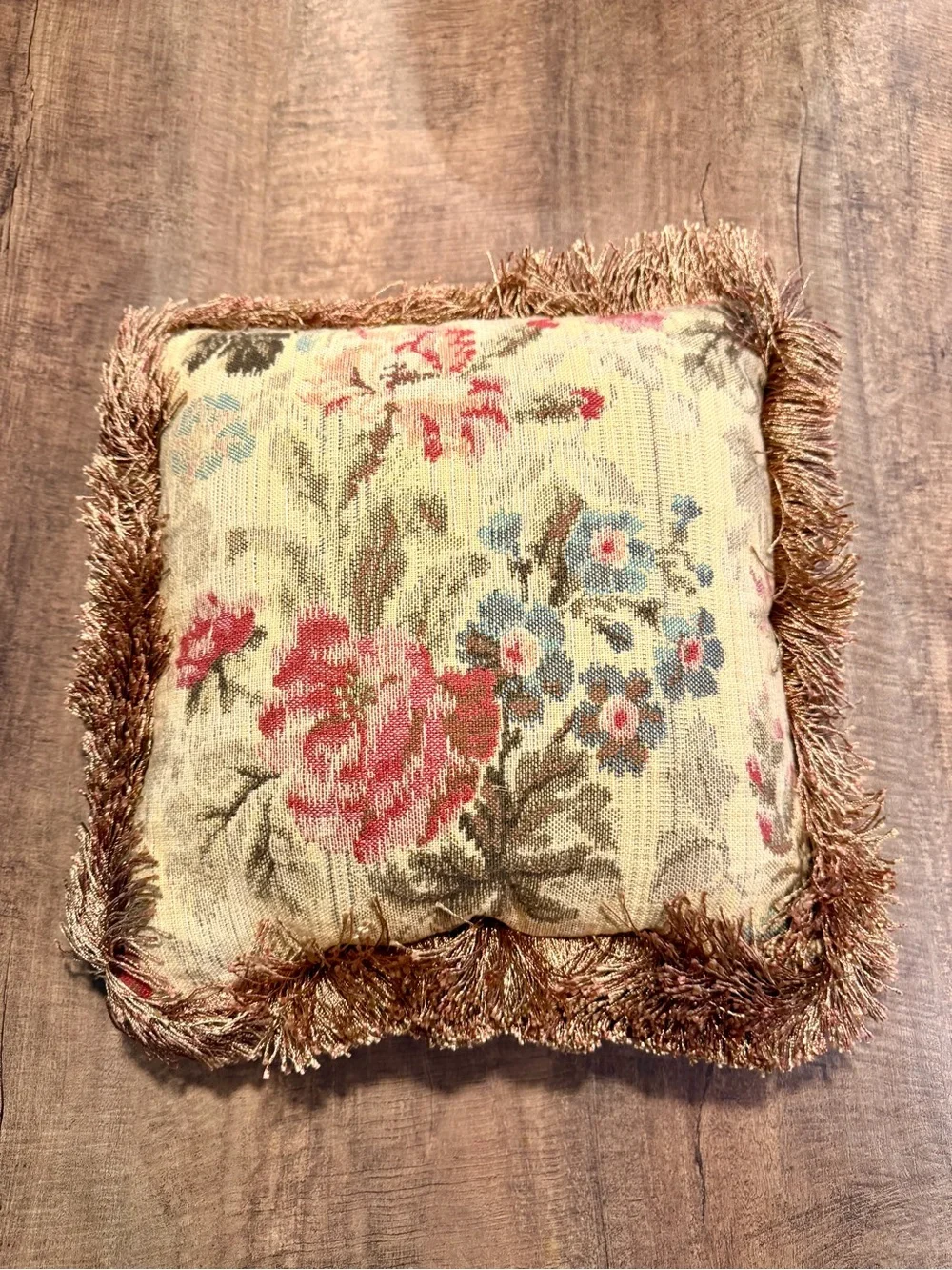Vintage Floral Tapestry Accent Pillow With Fringe 12x12